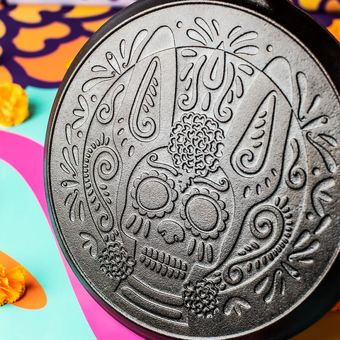 10.5 Inch Seasoned Cast Iron Xolo Sugar Skull Griddle