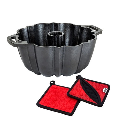 Cast Iron Fluted Cake Pan with Red Potholders