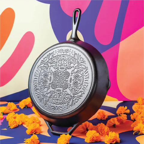 12 Inch Seasoned Cast Iron Butterfly Sugar Skull Skillet