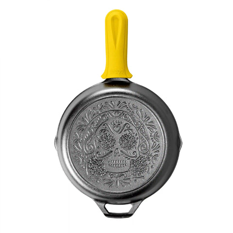 Seasoned Cast Iron Sugar Skull Skillet with Deluxe Handle Holder